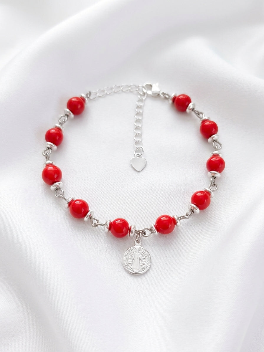 Pulsera de Plata con piedra Coral Rojo & San Benito - Delicated