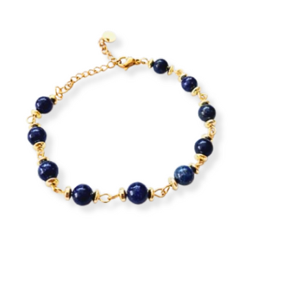 Pulsera Lapislázuli de piedra pulida y acero dorado