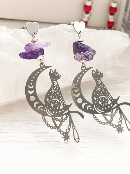 Pendientes Colgantes Plateados con Gato, Luna y Amatista