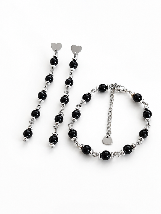Conjunto Pulsera y Aros  de Turmalina Negra- Delicated