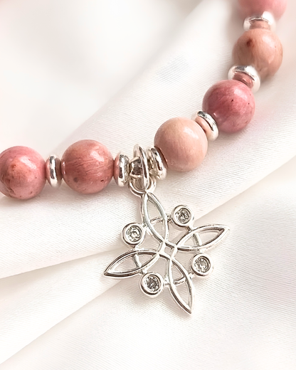Pulsera de piedra Rodocrosita y nudo de bruja de plata