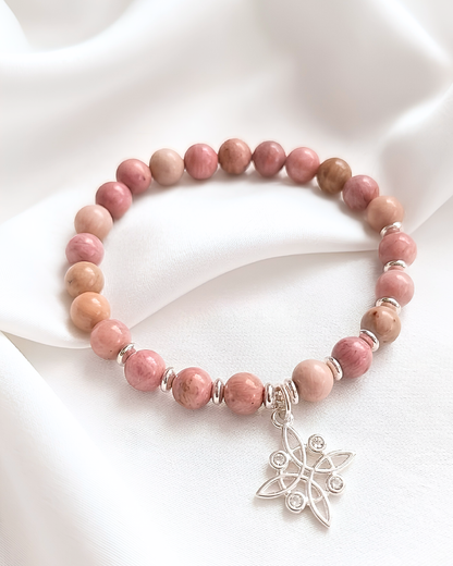 Pulsera de piedra Rodocrosita y nudo de bruja de plata