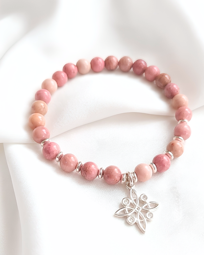 Pulsera de piedra Rodocrosita y nudo de bruja de plata