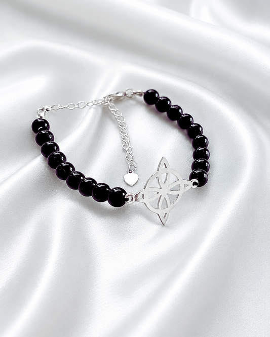 Pulsera protección de piedra turmalina y Nudo de bruja plata