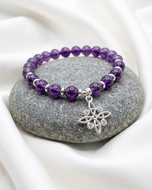Pulsera intuición amatista y nudo de bruja plata