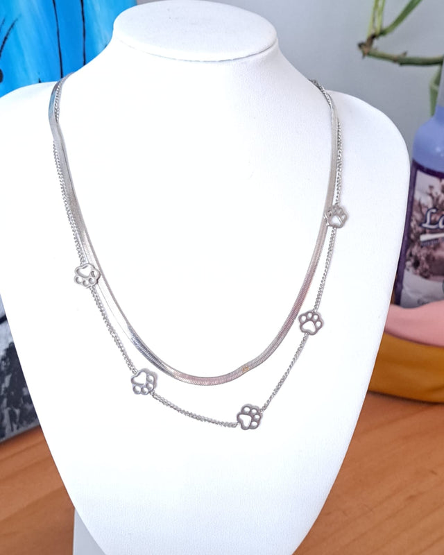 Collar gargantilla doble gato huellas - Acero Plateado