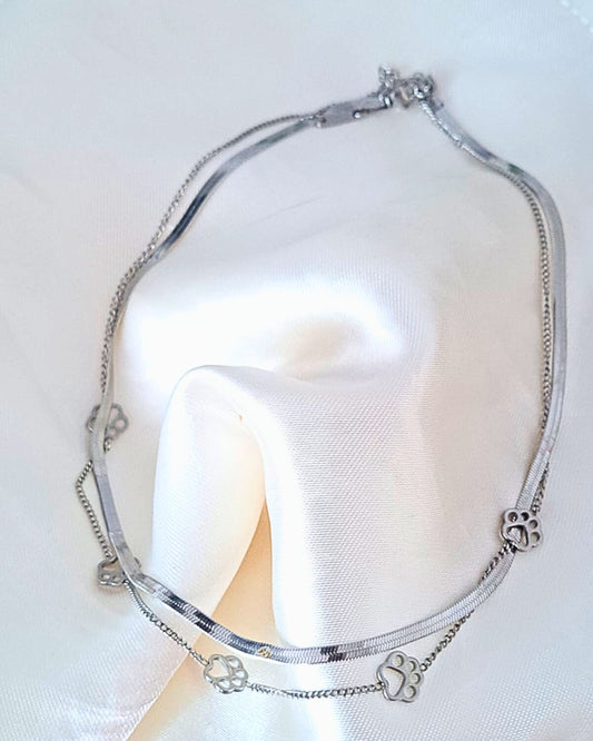 Collar gargantilla doble gato huellas - Acero Plateado