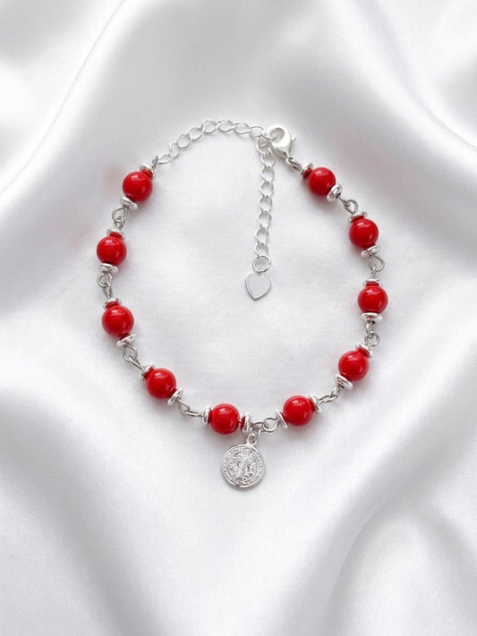 Pulsera de Plata con piedra Coral Rojo & San Benito - Delicated