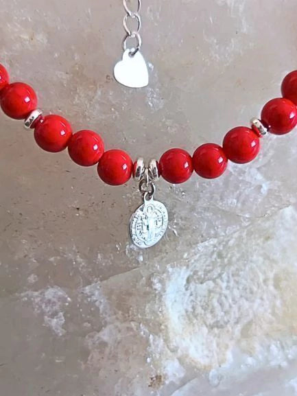 Pulsera de Plata con piedra Coral Rojo & San Benito