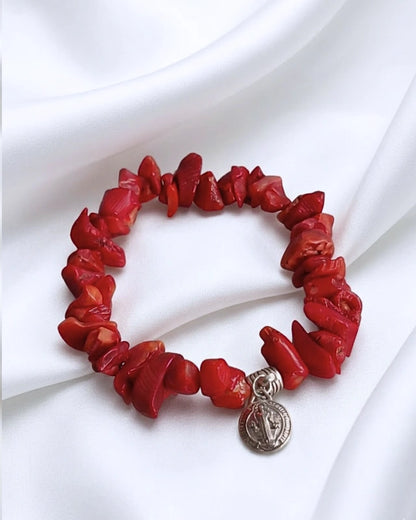 Pulsera Rústica de Coral rojo y dije San Benito