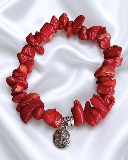 Pulsera Rústica de Coral rojo y dije San Benito
